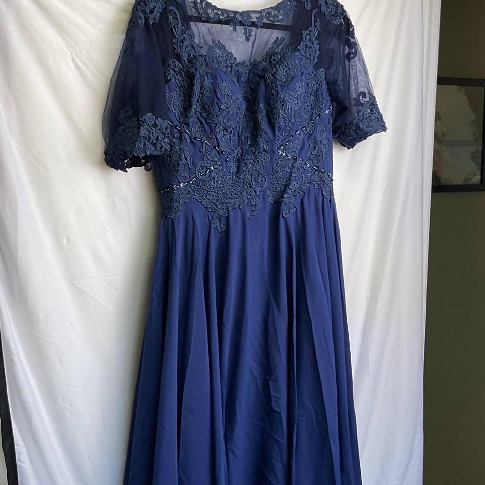 Custom Made Elegant Navy Blue Embroidered Maxi Dress